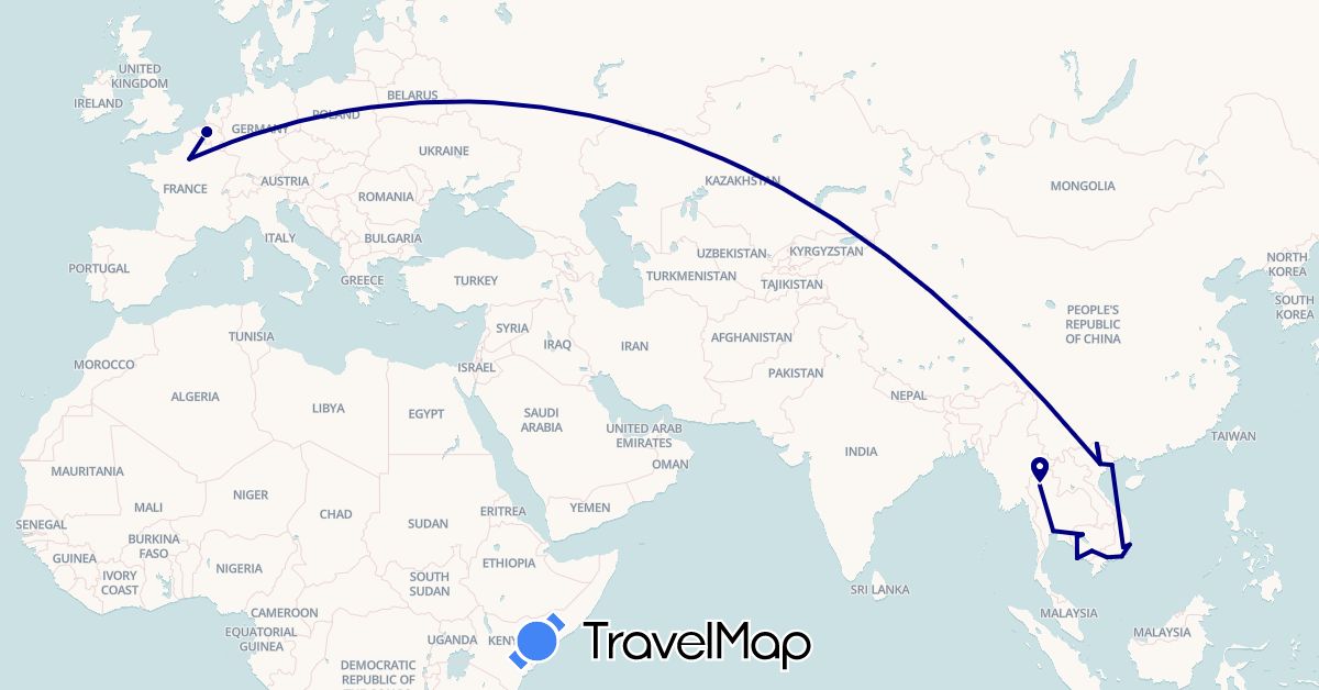 TravelMap itinerary: driving in Belgium, France, Cambodia, Thailand, Vietnam (Asia, Europe)